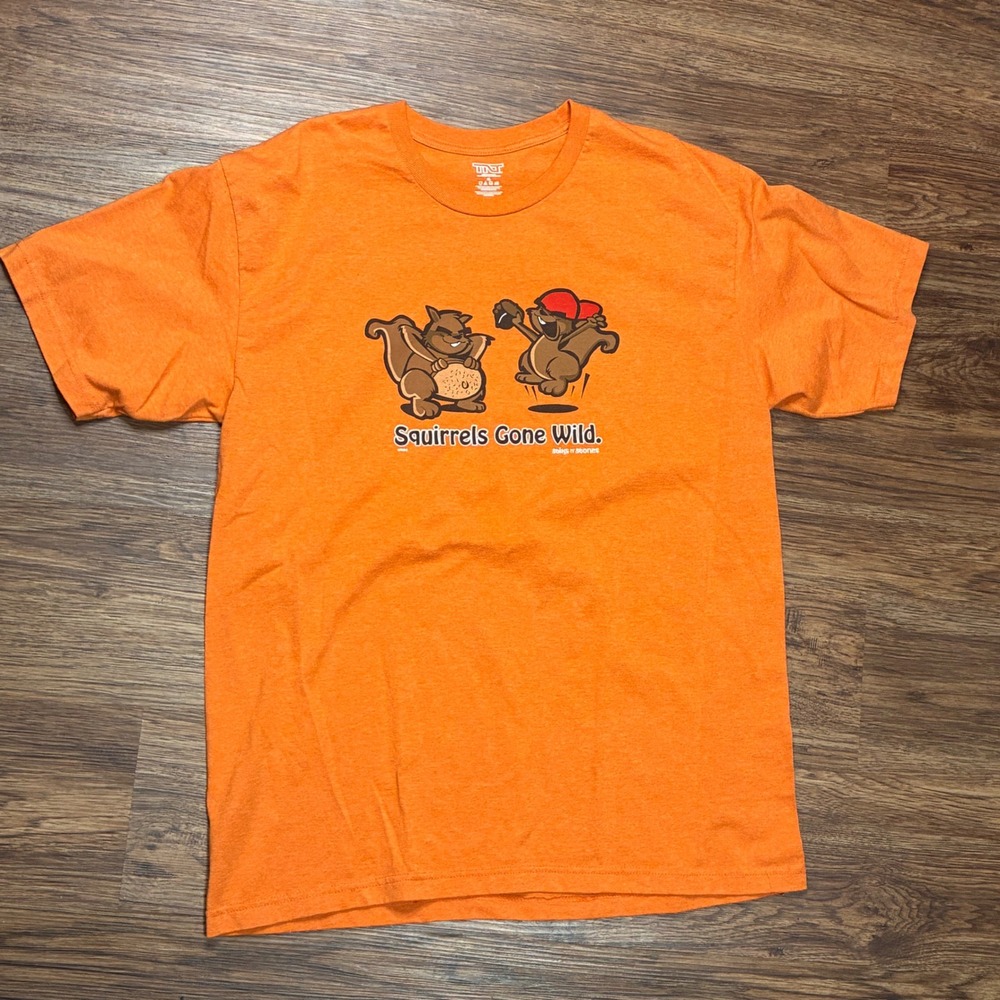 TNT Squirrels Gone Wild Sticks N Stones Graphic T-Shirt Men's XL Orange Funny